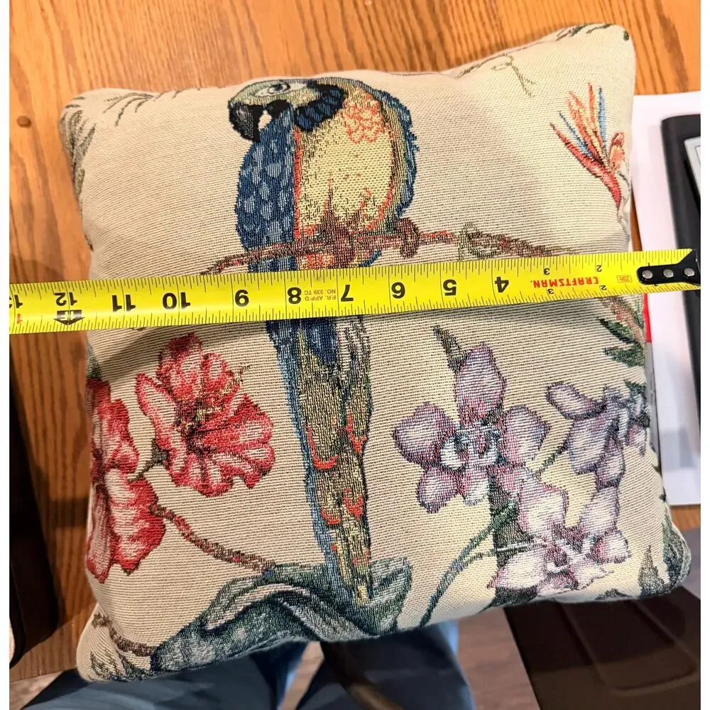 Vintage Tropical Parrot Tapestry Pillow | Blue Macaw Floral Botanical Accent